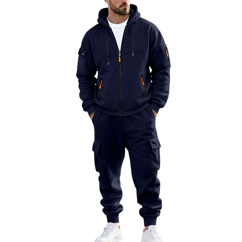 KZZ Men's Winter Fleece-Lined Hoodie & Drawstring Pants Set Warm Casual Long-Sleeve Top & Bottoms Multi-Pocket Design