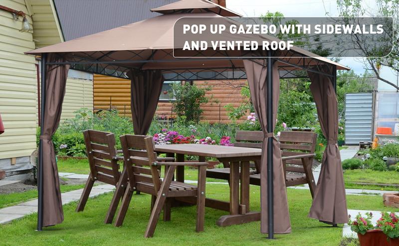 FDW 10'x13' Outdoor Patio Gazebo Heavy Duty Steel Frame Canopy with Double Roof, Privacy Curtains, for Garden, Backyard, and Lawn (Brown)