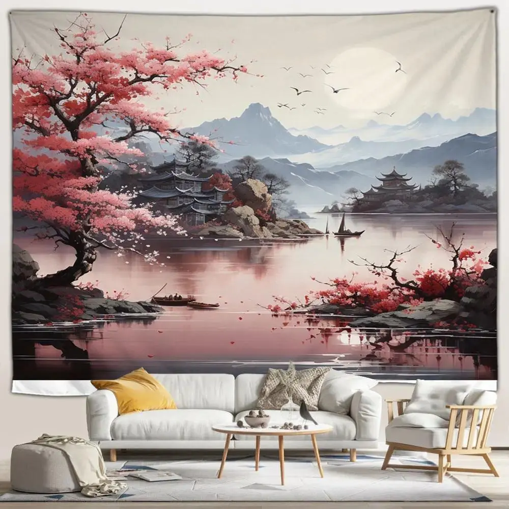 Japanese Scenery Photo Backdrop Wall Hanging Tapestry - Pink Cherry Blossom, Misty Landscape, Chinese Architecture - Indoor Living Room, Bedroom Home Decor