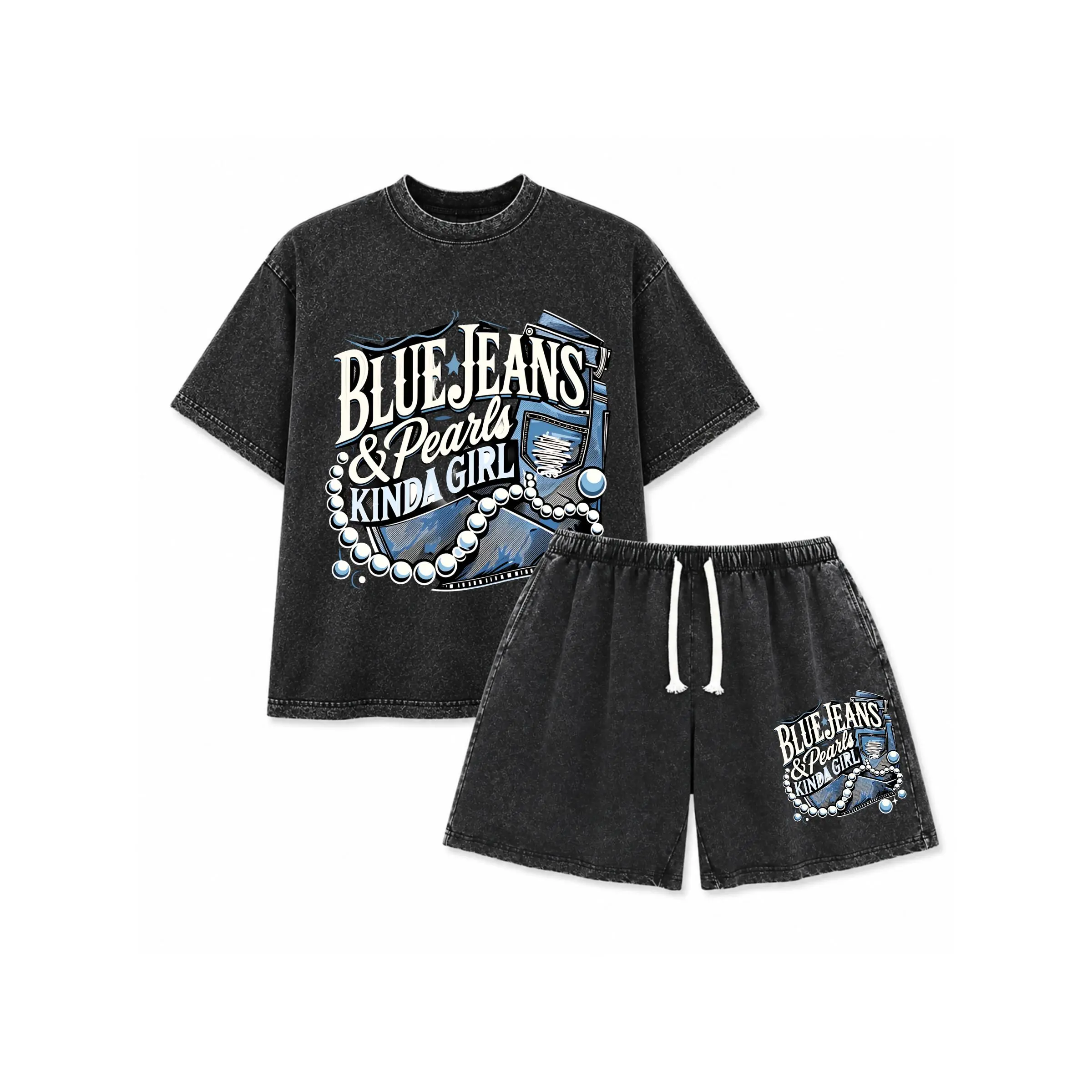 Men's 2-Piece Vintage Streetwear Clothing Set - Washed Blue Jeans, Pearls Print Tee, and Shorts