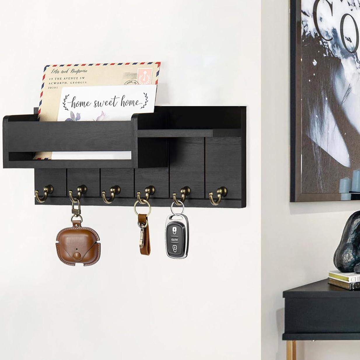 Wall-Mounted Key Organizer, Wooden Wall Shelf with 6 Key Hooks and Mail Sorter, Home Organizer for Entryway and Living Room