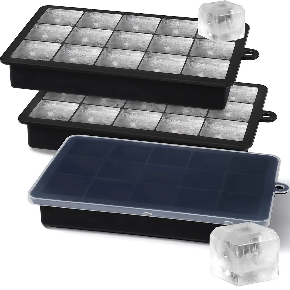 2pcs Silicone Ice Cube Trays with Lid, Easy Release 15 Square Ice Cube Per Tray, Flexible Reusable Stackable For Freezer, Ice Cube Mold - Perfect for drink, Chocolate, Food, Juices - Suitable for All - Great Gift for Eid Al-Adha Mubarak