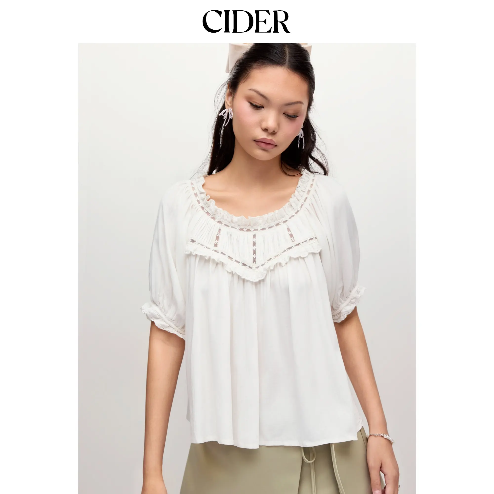 Cider Linen-blend Ruffle Puff Sleeve Embroidery Oversized Blouse