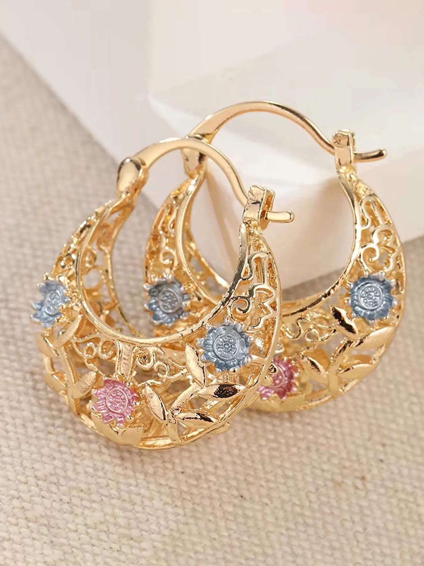 Mother's Day Gift: Mexican gold sunflower openwork hoop earrings, vintage hollow cutout statement earrings, fashionable earrings, elegant party jewelry for women, High Quality Earrings. Ideal gift for mom & partner, fit anniversary, holiday, wedding.