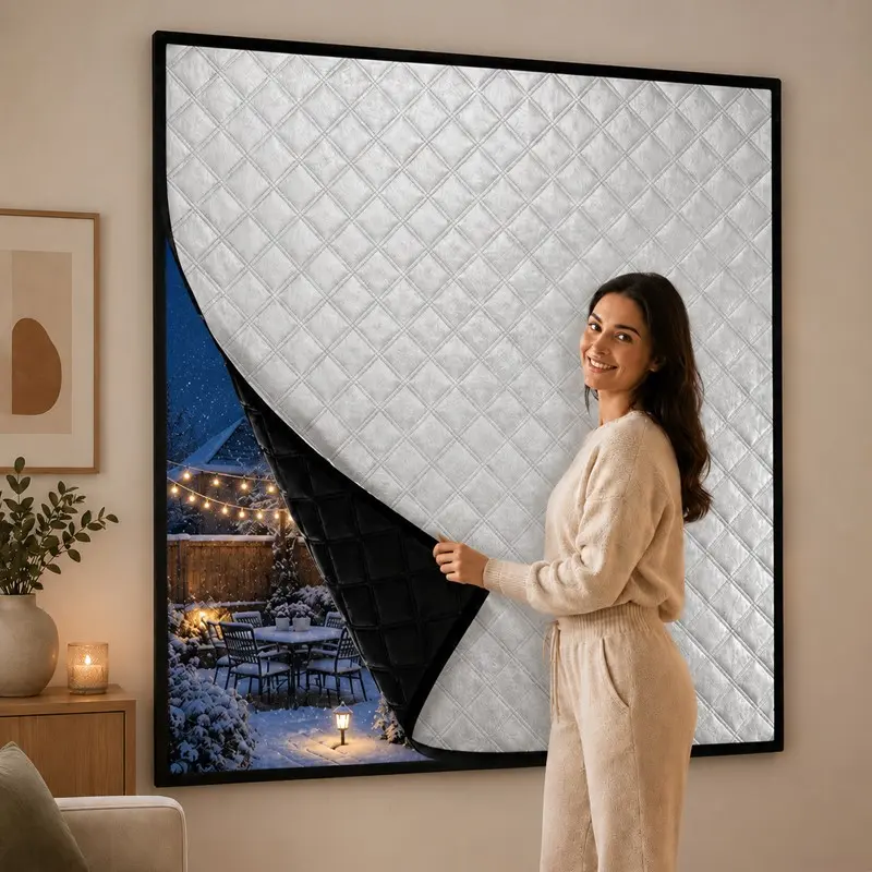 Thermal Blackout Silver Diamond Quilted Window Curtain, Heavy Curtain, Thickened Self-Adhesive No-Drill Roll-Up Draft Blocker for Bedroom, Living Room and Balcony
