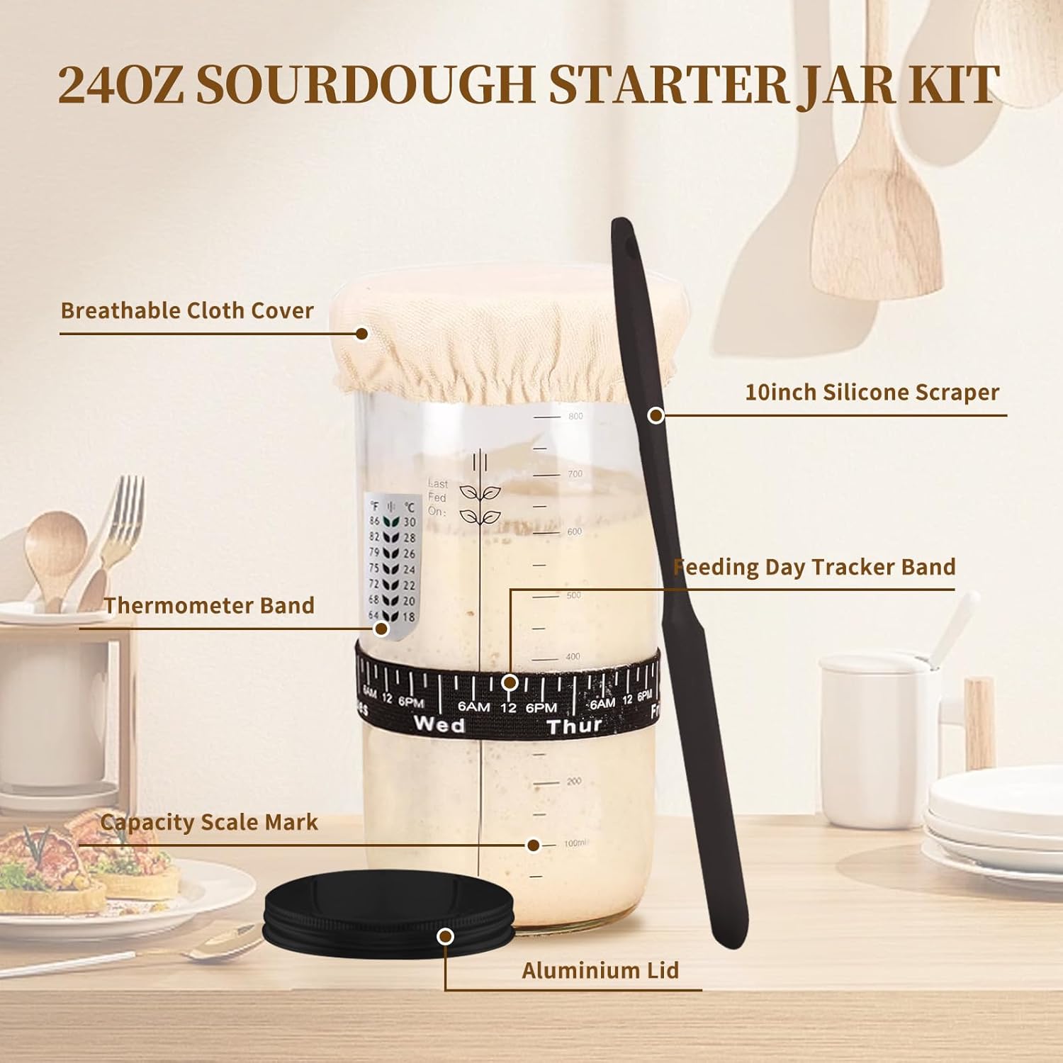 Sourdough Starter Kit, Banneton Bread Proofing Basket 10 Inch Round, Sourdough Bread Baking Supplies with Starter Jar, Bread Sling, Lame, Danish Dough Whisk – Complete Sourdough Kit Gifts for Home Bakers