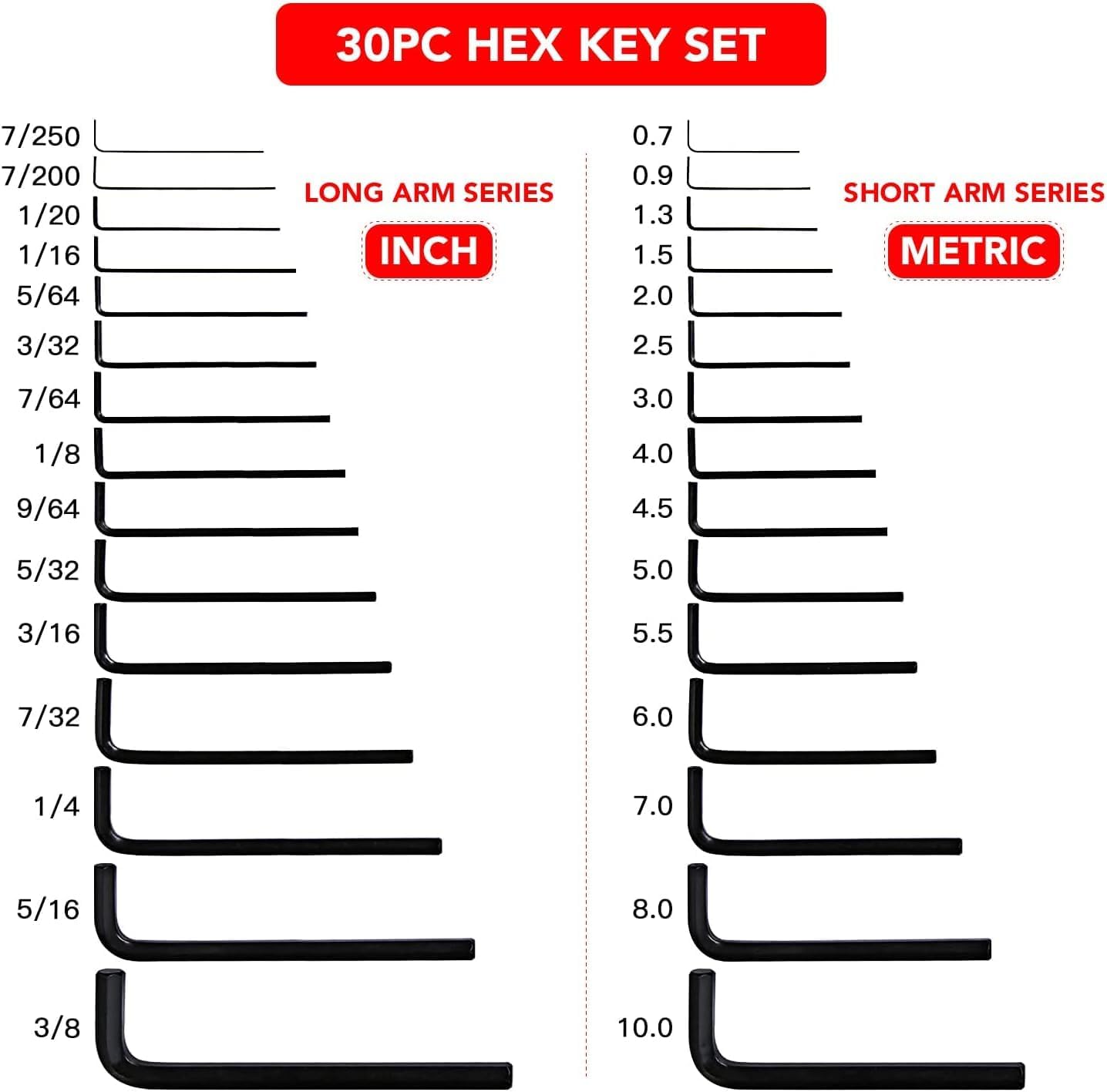 Swiilpo 30-  Hex Key Allen Wrench Set, SAE and Metric Assortment, L Shape, Chrome Vanadium Steel, Precise Chamfered Tips |     0.028-3/8 inch 0.7-10 mm In Storage CaseQuesear