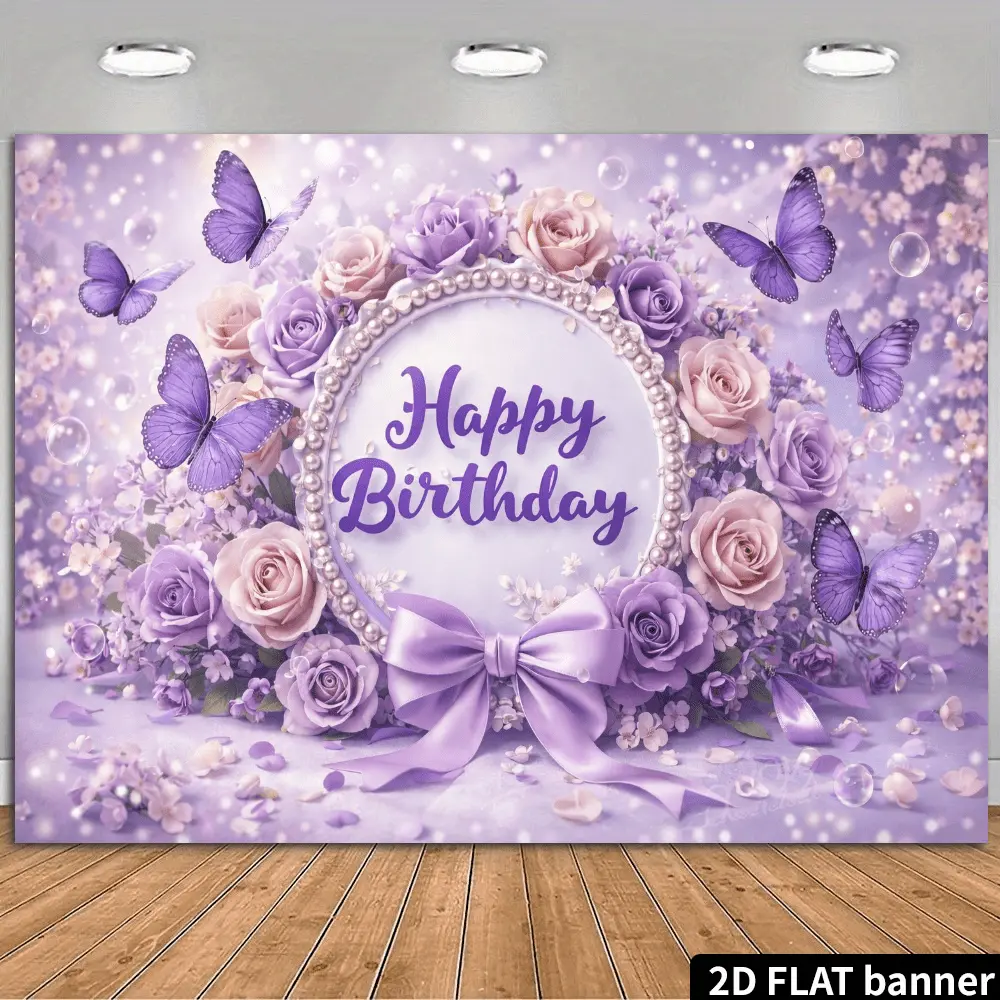 Preppy Watercolour Girl's Happy Birthday Backdrop - Cozy Purple-Pink Glitter, Butterfly Pearl Theme, Hanging Flat Print Banner, Sweet 16 Party Wall Decoration, Letters-Designed Photo Prop Tapestry, Instant Party Vibe