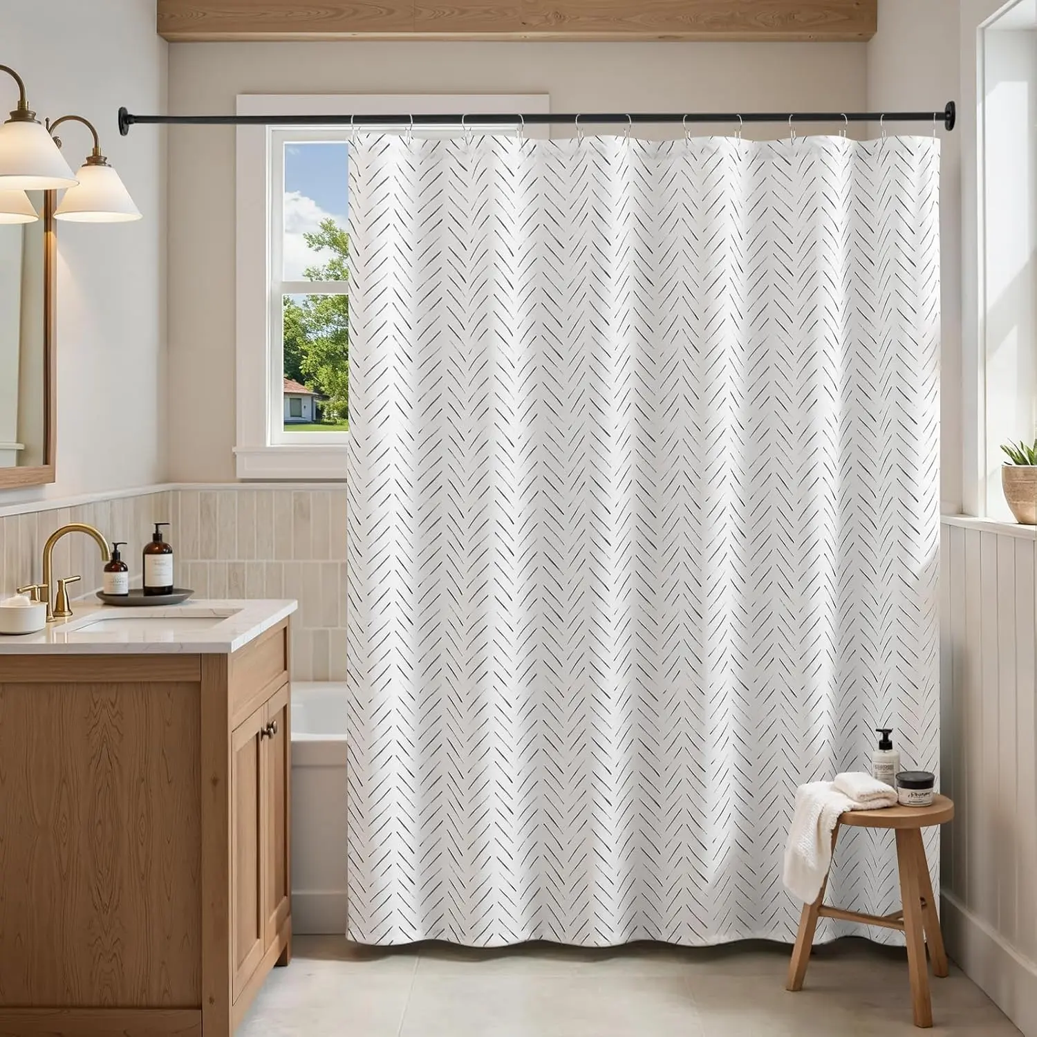 Black and White Shower Curtain Inky Moss Black Herringbone Chevron Zig Zag Waterproof Fabric Modern Farmhouse Shower Curtains for Bathroom with 12 Hooks 70x72 Inches