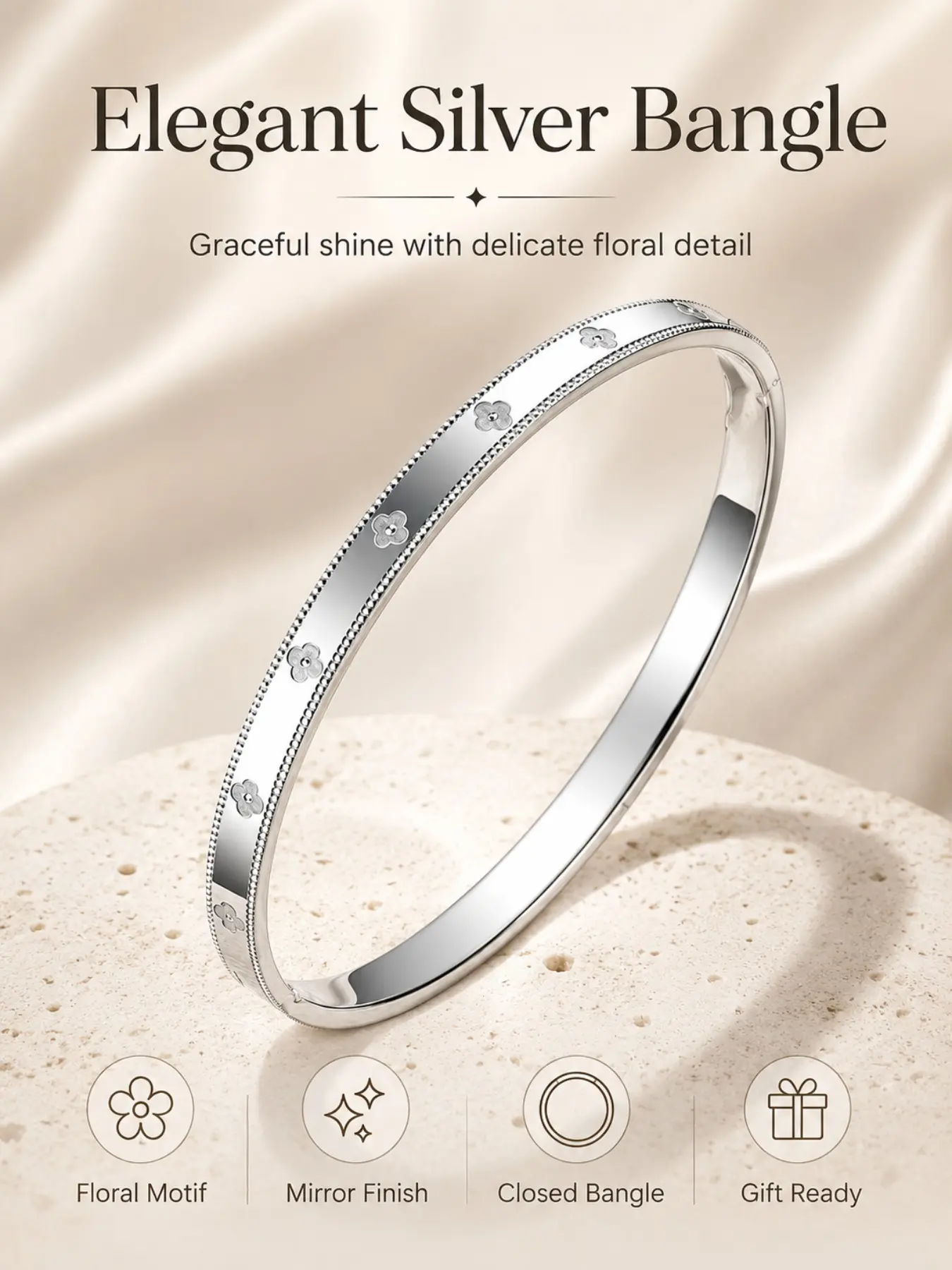 Silver Color Cnc Kaleidoscope Four-Leaf Bangle Bracelet for Women, Boho Style All over Print, Fashion Accessory for All Seasons