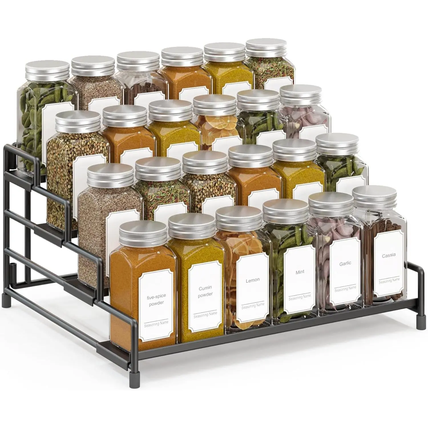 4-Tier--Rack-Organizer-for-Cabinet, Adjustable Depth  Holder Shelf For Countertop Pantry Cupboard, Metal Tiered Seasoning Organizer,Display Shelf Riser (Black-1 Pack)