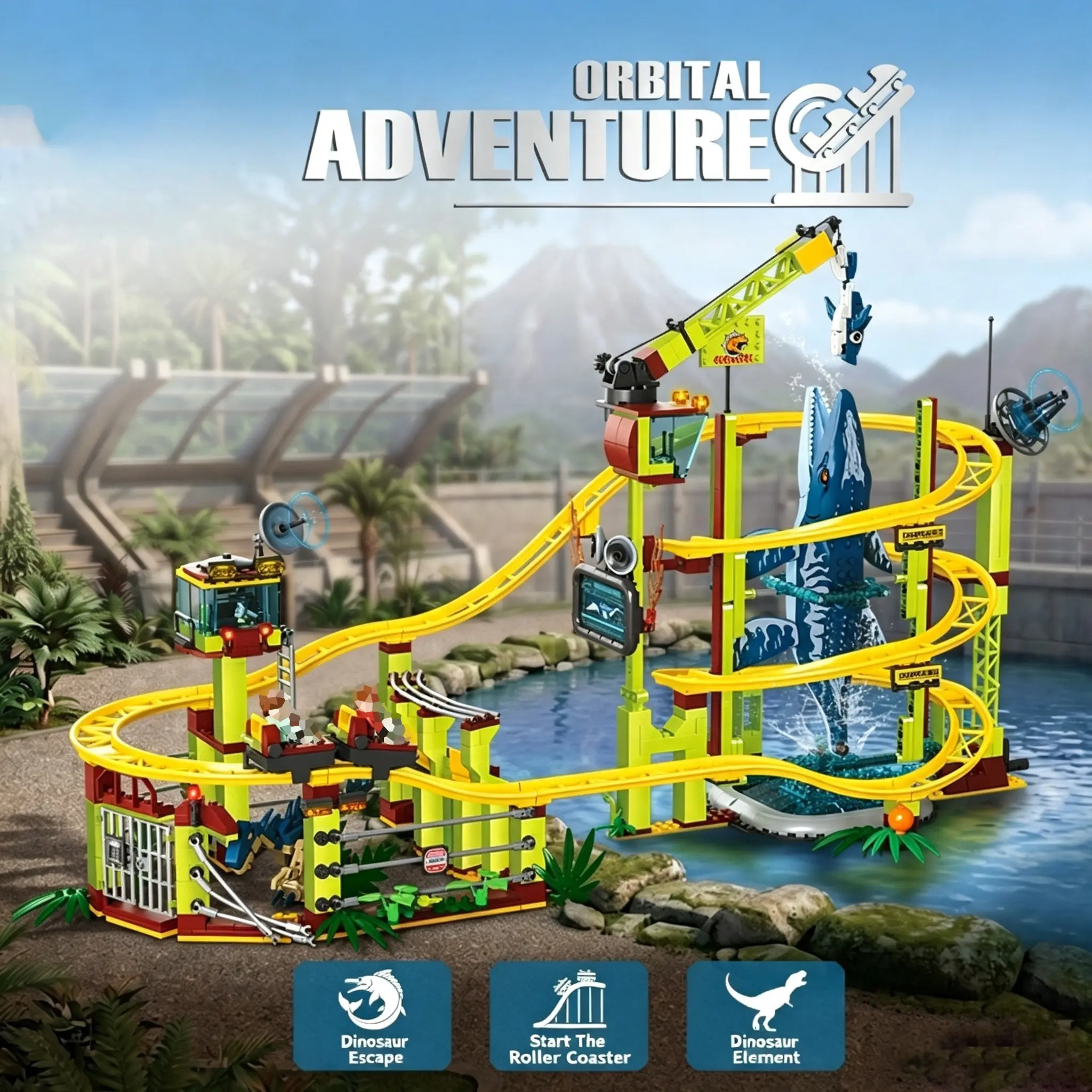 1061pcs Pterosaur Research Institute Roller Coaster Toy, Vertical Roll Adventure Track Building Blocks, Creative Gift for Holidays