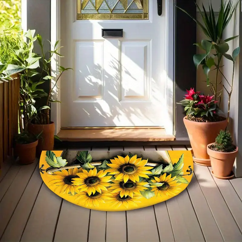 1Pc Vivid Sunflower Bath Pattern Doormat - Easy to clean, semi-circular design for indoor/outdoor use, ideal for entrances, kitchens, bathrooms, balconies and outdoor spaces, Outdoor Doormats | Vivid Sunflower Design | Easy to clean mats, bathrooms