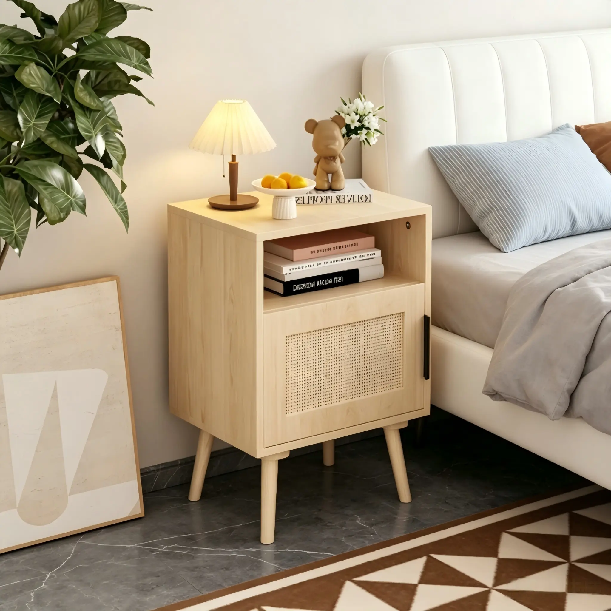 22.83 Inch Oak Rattan Nightstand with Open Storage Shelf & Rattan Cabinet Door, Solid Beech Wood Legs Boho Bedside End Table, Multifunctional Accent Side Table for Bedroom, Dorm Room, Apartment & Small Space Home Decor