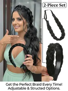 1 Set 2 Pcs 14 Inch Braided Hairband Combo, Non-Slip Comb, Adjustable, Retro Braided Style, Daily Commute, Date Night, European Style