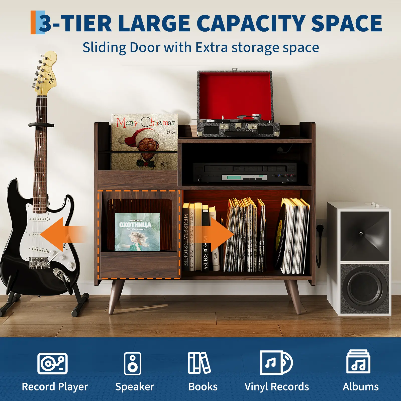 Modern Vinyl Record Player Stand with Sliding Door, LED Lights, Charging Station, and Large Storage – Turntable Table Shelf for Living Room or Home Office