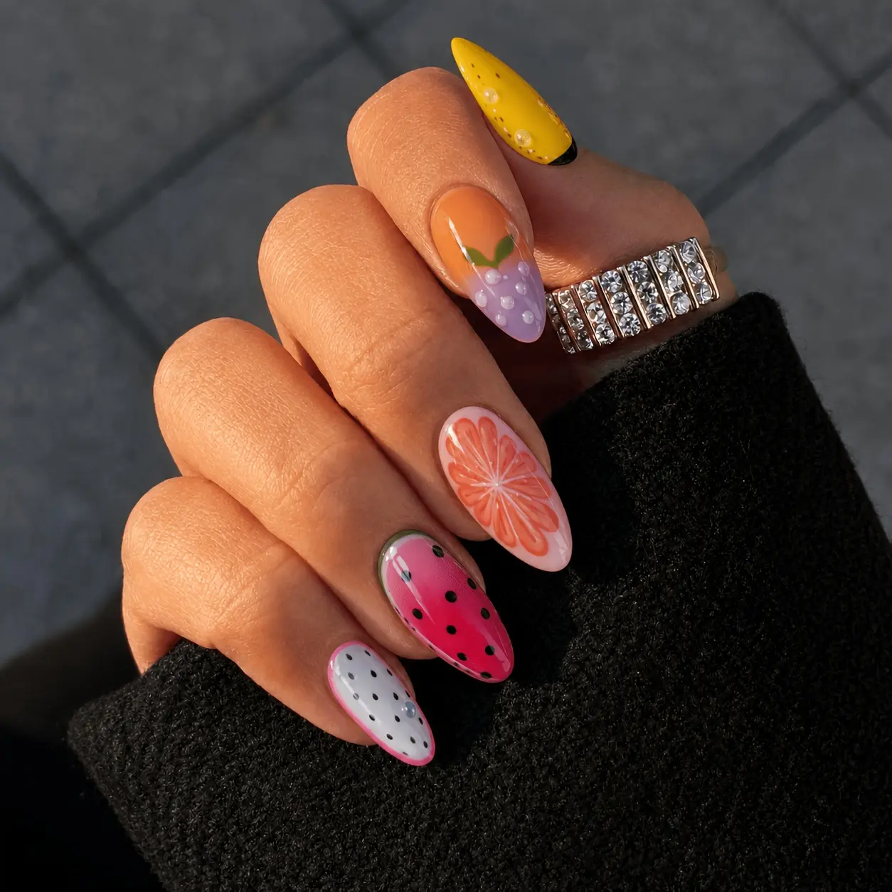 10-Piece Handmade Acrylic Press-On Nails, Medium Almond Multicolor Nail Set with Sculpted 3D Fruit Details and Watermelon Patterns, Glossy Reusable Nails for Vacations