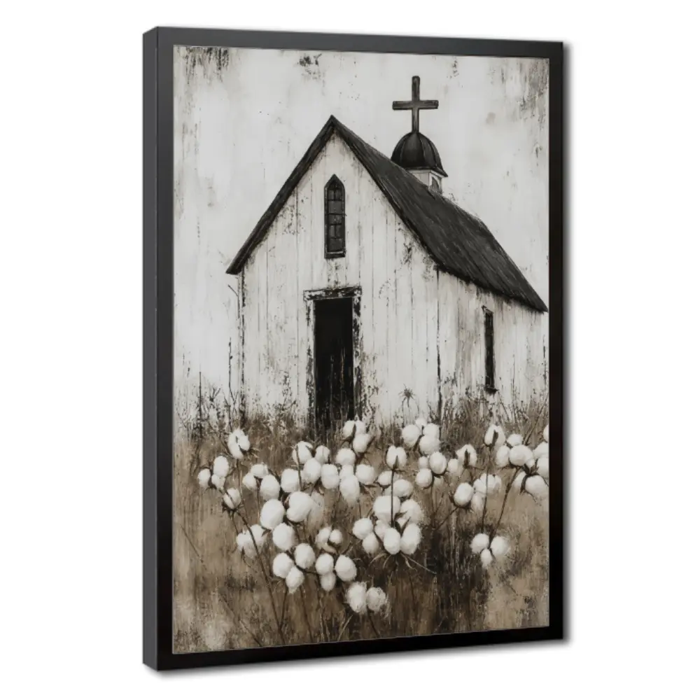 Modern Farmhouse White Church with Black Roof and Cross Wrapped Canvas Artwork - Rustic Canvas Painting, Minimalist Home Decor for Living Room, Bedroom, Gift for Home Supplies, Posters & Prints
