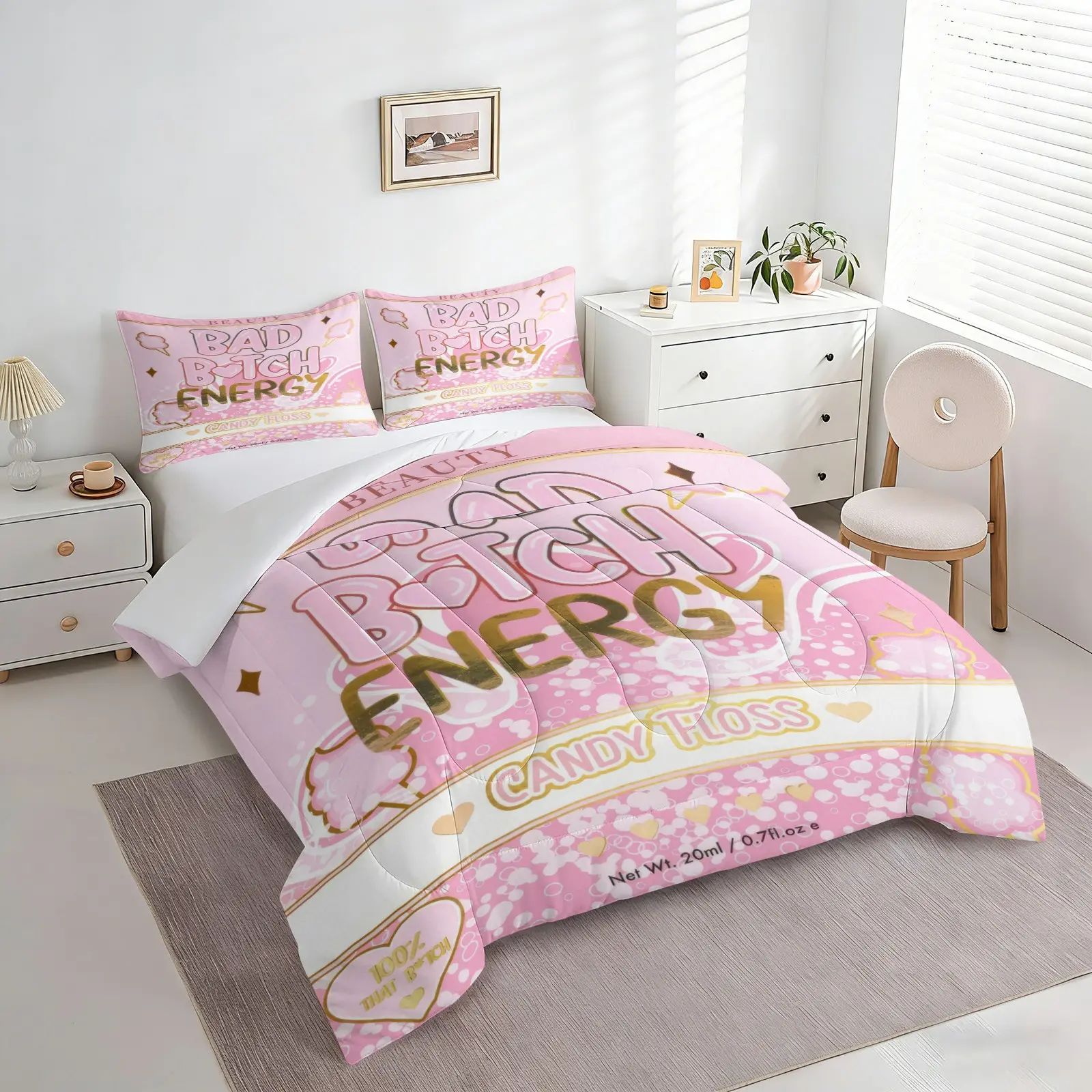 Bad Btch Energy Candy Floss Comforter Set, 1 Comforter + 1/2 Pillowcases, Pink Bubble Cotton Candy Print Bedding, Durable Material Soft Comfy bed set, Machine Washable, All Season Cozy Bedroom Accessory
