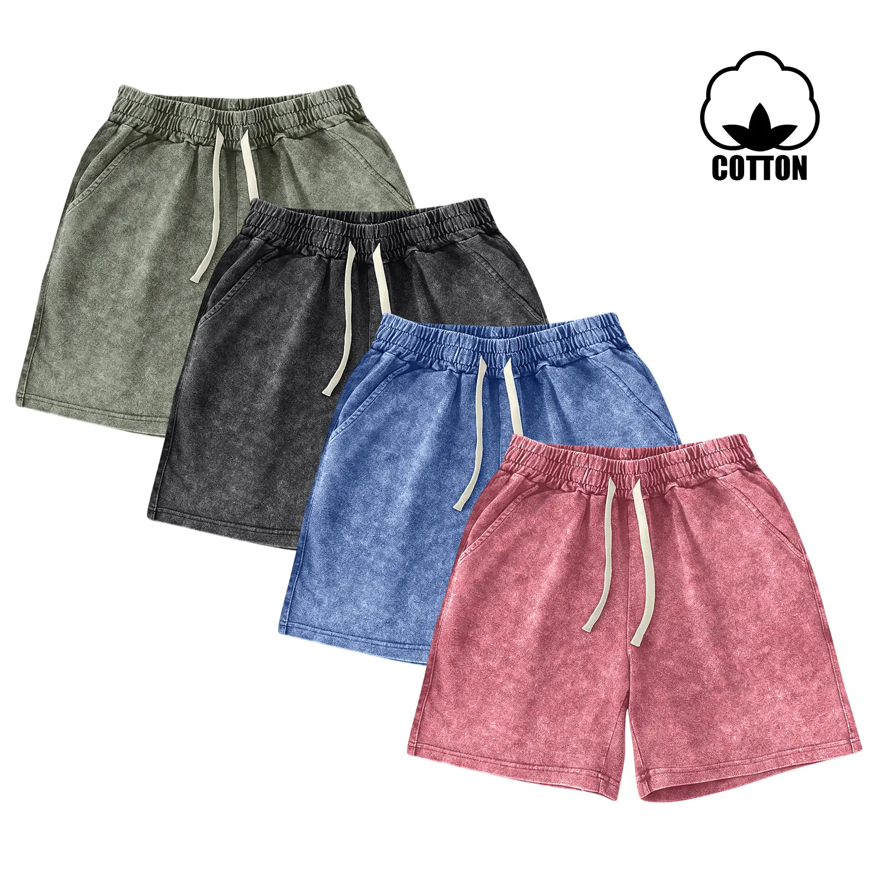 4-Pack Men's Summer Cotton Acid Washed Distressed Shorts Loose Fit Elastic Waist Drawstring Gym Basketball Athletic Running Shorts Active Pockets Casual Beach Vacation Aesthetic Lounge Wear Shorts Gift for Boyfriend Husband Menswear Vintage Fabric Fashion