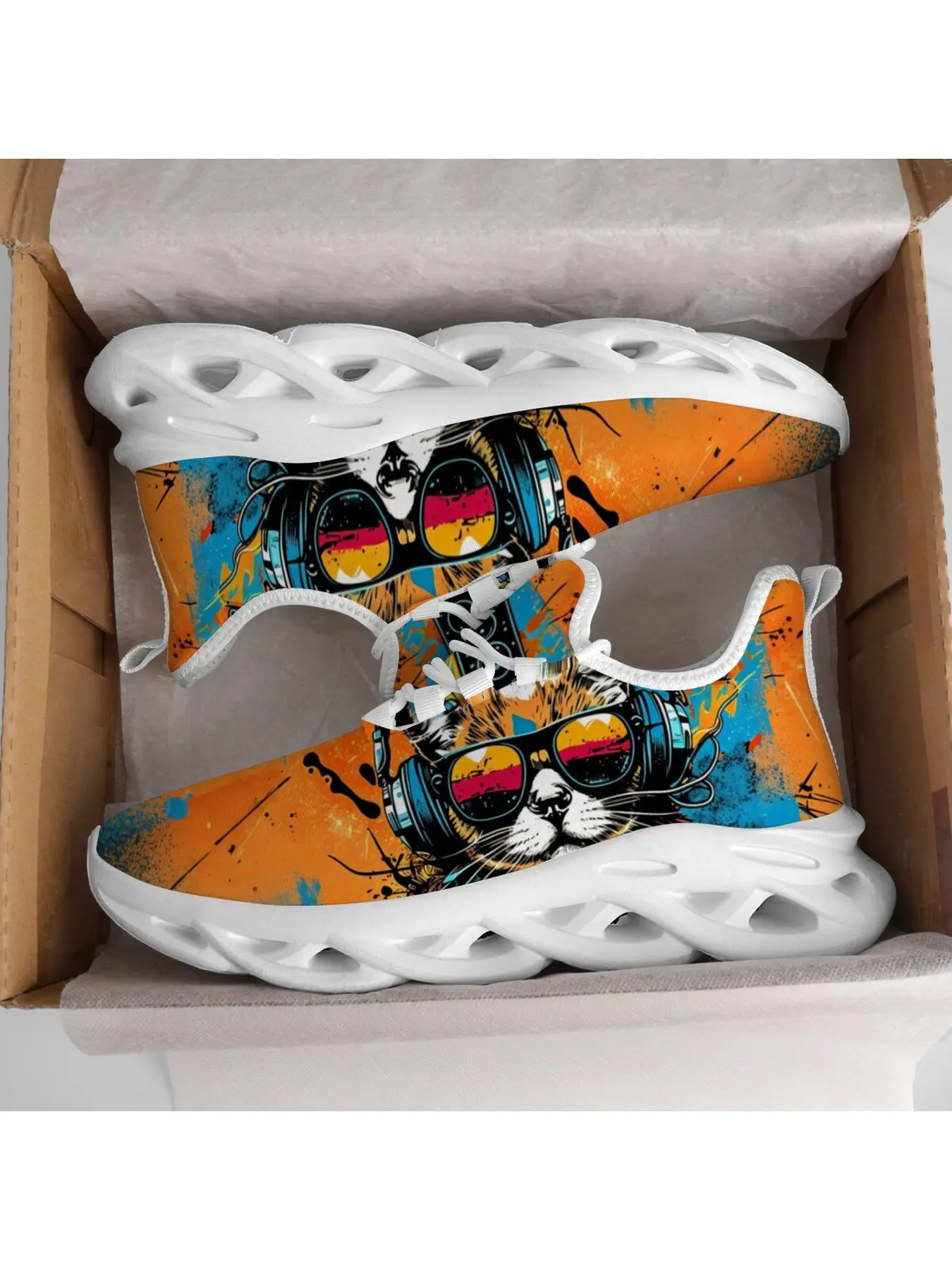 Street Art Cool Cat With Headphones Graphic Print Hollow Sole Sneakers For Man Woman, Lightweight Breathable Lace Up Casual Walking Footwear For Cat Lovers Versatile For Daily Outings