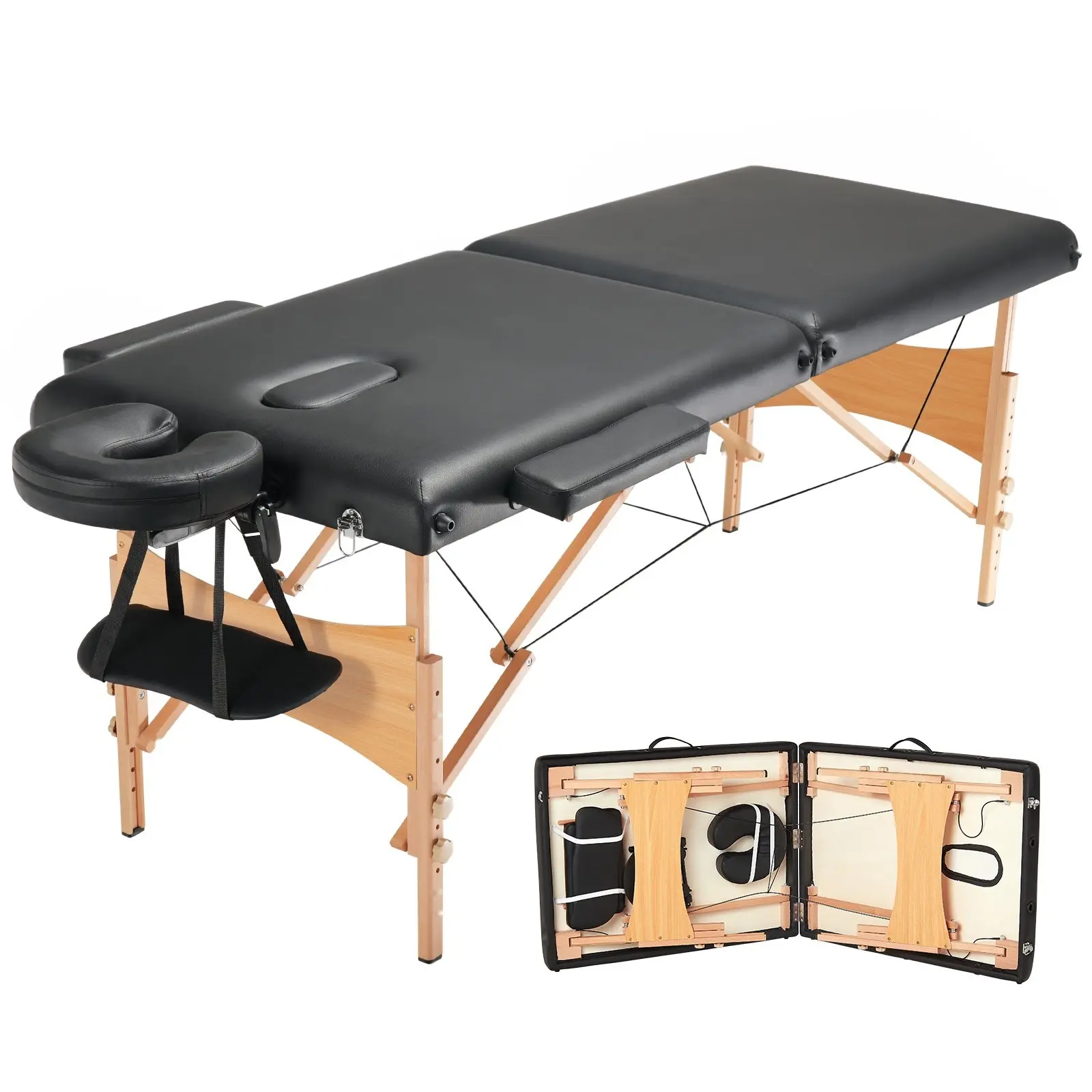 28" Width Beechwood Portable Massage Table - 2-Folding Lightweight Salon Tattoo Spa Bed with 8-Level Height Adjustable Legs, Headrest, Armrests, Hand Pallet, Carrying Bag, 600 LBS Weight Capacity