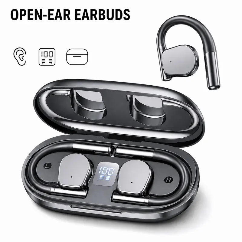 Wireless Open Ear Headphones with Compatible Translation App Support, Secure Sport Ear Hooks, 13mm Stereo Sound, CVC Clear Calls, 32H Charging Case, LED Power Display and Type C Charging for Travel Business
