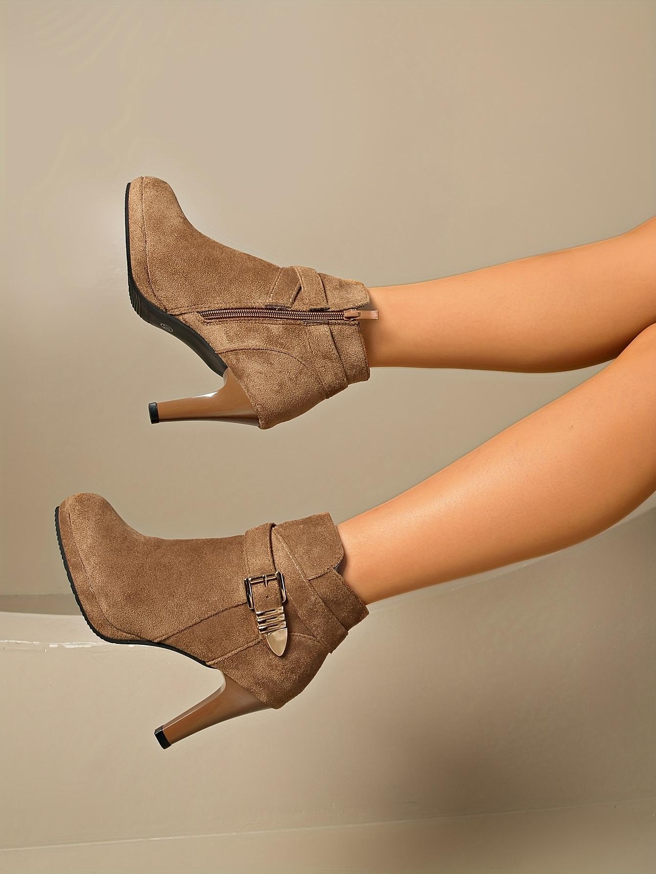 A Pair of Women's High Quality Platform Chunky Heel Side Zipper High-Heeled Ankle Booties, Women Shoes