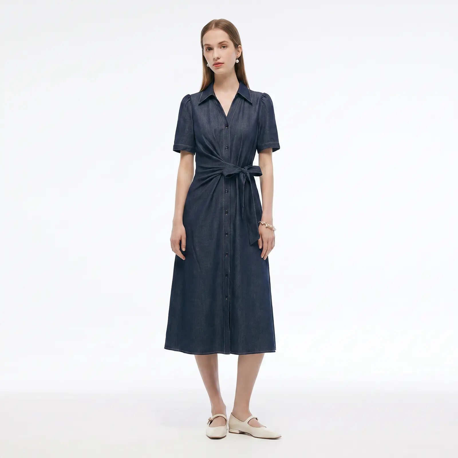 Goelia Viscose Elastane Blend Shirt Collar Dress for Ladies
