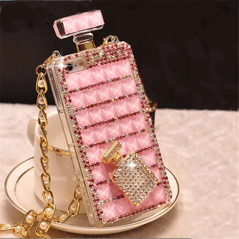 Shiny Rhinestone Decor Perfume Bottle Design Phone Case Compatible with iPhone 12 14 15 15Pro 16 17 Full Coverage Protective Phone Cover Slim Fit Anti Drop Phone Shell for Girls Women