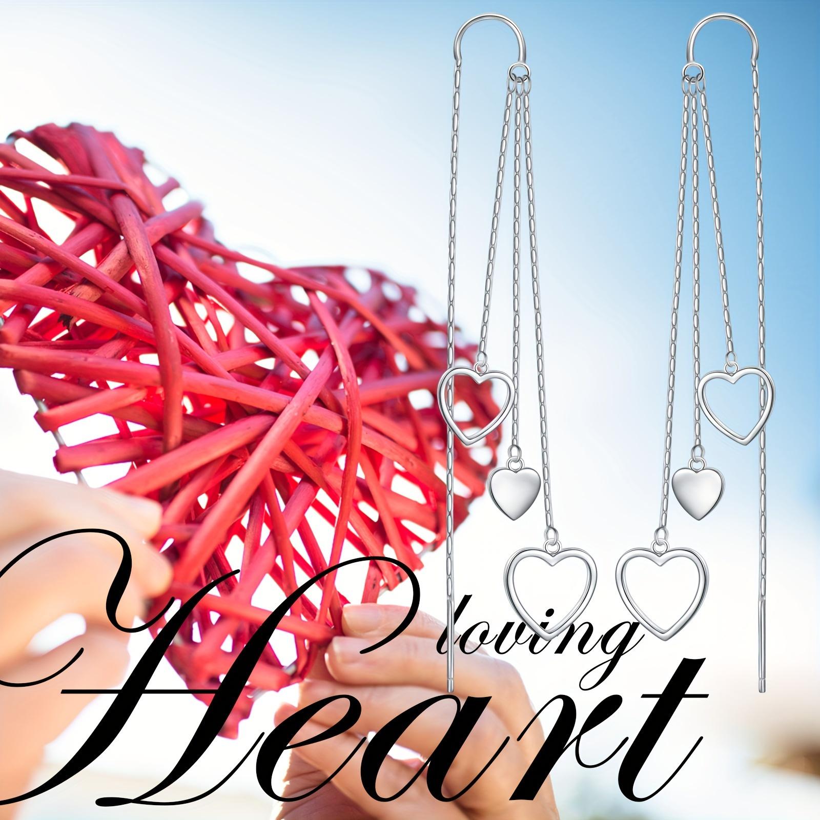 Sterling Silver Threaded Earrings Heart Tassel Dangle Drop Long Chain Earrings Jewelry Gifts For Women