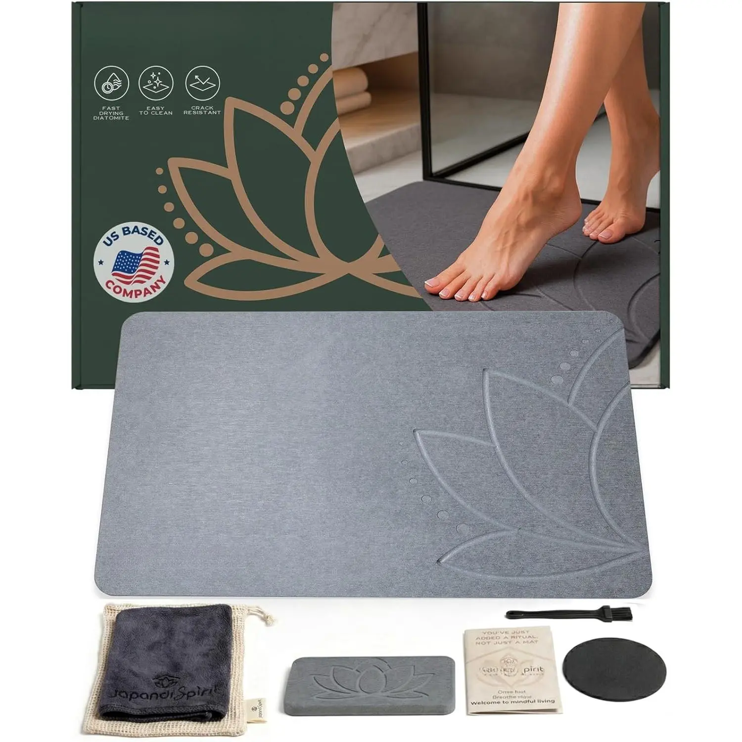 West Lotus Stone Bath Mat - Diatomaceous Earth, Quick Dry | Non-Slip, Stone Bath Mats for Bathroom, Bath Stone, Diatomite, 23.6"x15.4", Luxury Bath Mat