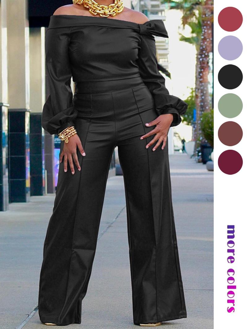 Two-Piece Set Women's Spring Plain Off Shoulder Knot Front Bishop Sleeve Blouse & Wide Leg Pants Set, Solid Color Long Sleeve Top & Trousers Set for Fall, Women's Clothes