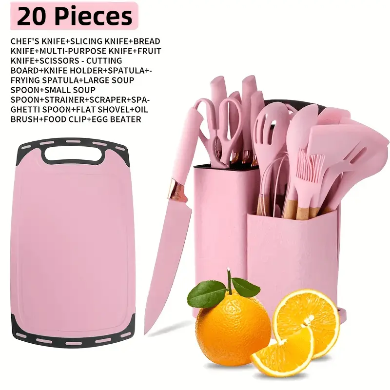 [PABHAN]20pcs Food-Grade Silicone Kitchenware Set with Storage Bucket - Non-Stick, Easy-To-Clean Cooking Kit Including Spoons, Spatulas, Cutting Boards, Fruit Knives, Chef's Knives & Other Essentials, Ideal Housewarming Gift