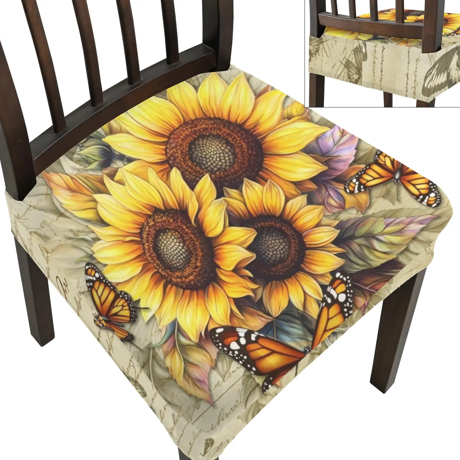 1 Pack Floral Chair Seat Cover Waterproof Stretch Vintage Sunflower Butterfly Print Removable Washable Dining Chair Seat Protector Anti Dust Stain Wear Resistant Slipcover for Kitchen Bedroom Living Room Farmhouse Home Decor
