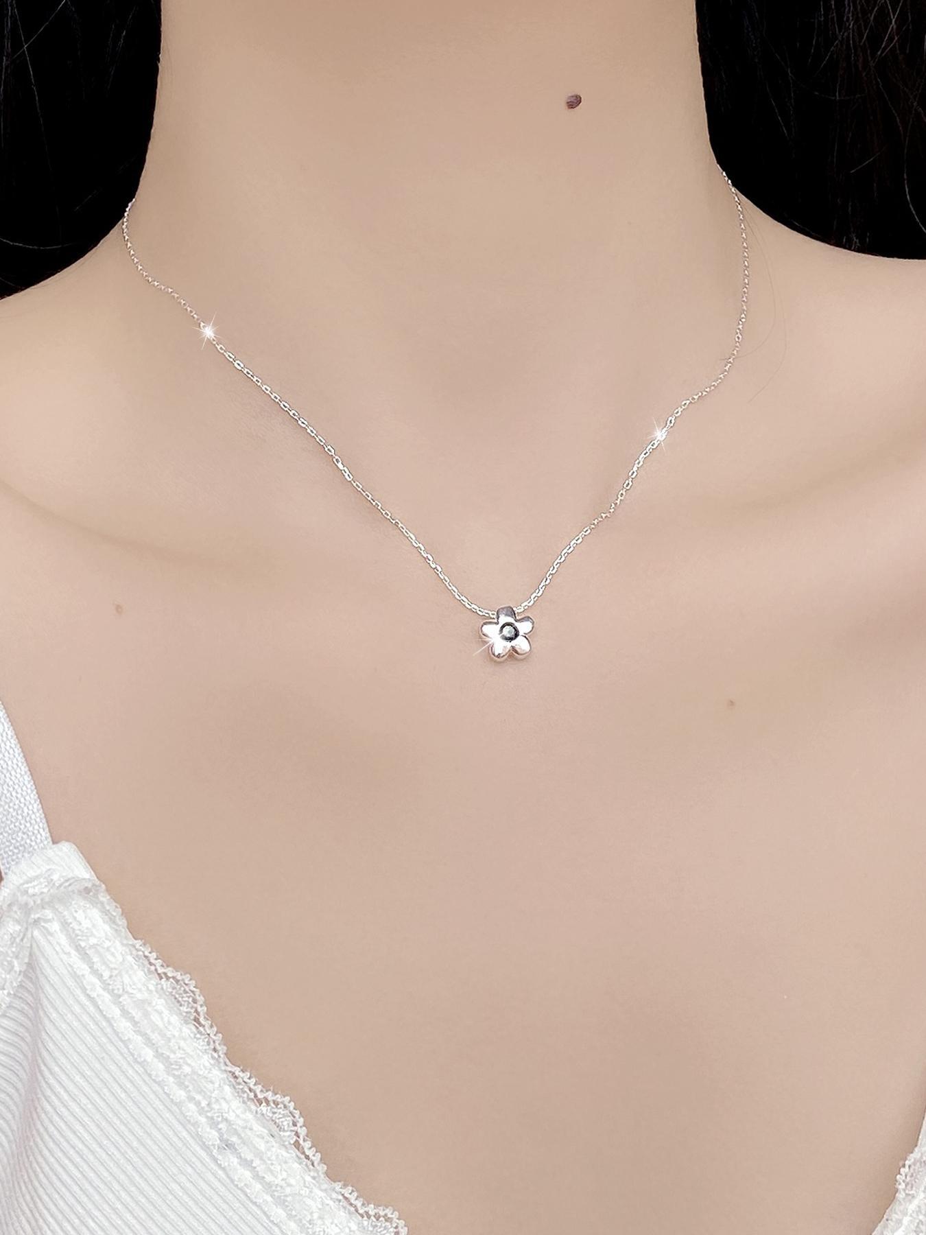 S925 Sterling Silver Daisy Flower Design Pendant Necklace for Women & Girls, Fashion Rhinestone Decor Jewelry for Party, Daily Decor, Trendy All-match & Exquisite Jewelry for Birthday Gift