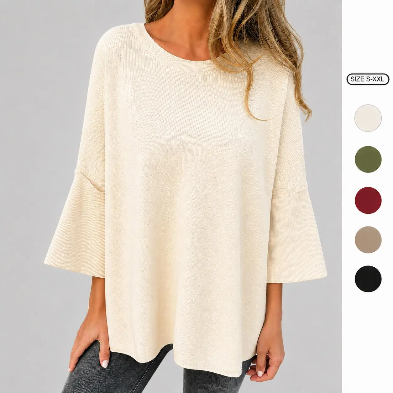 Imily Bela Womens Square Silhouette Loose Knit Sweater Oversized Bell 3/4 Sleeve Daily Casual Pullover Top