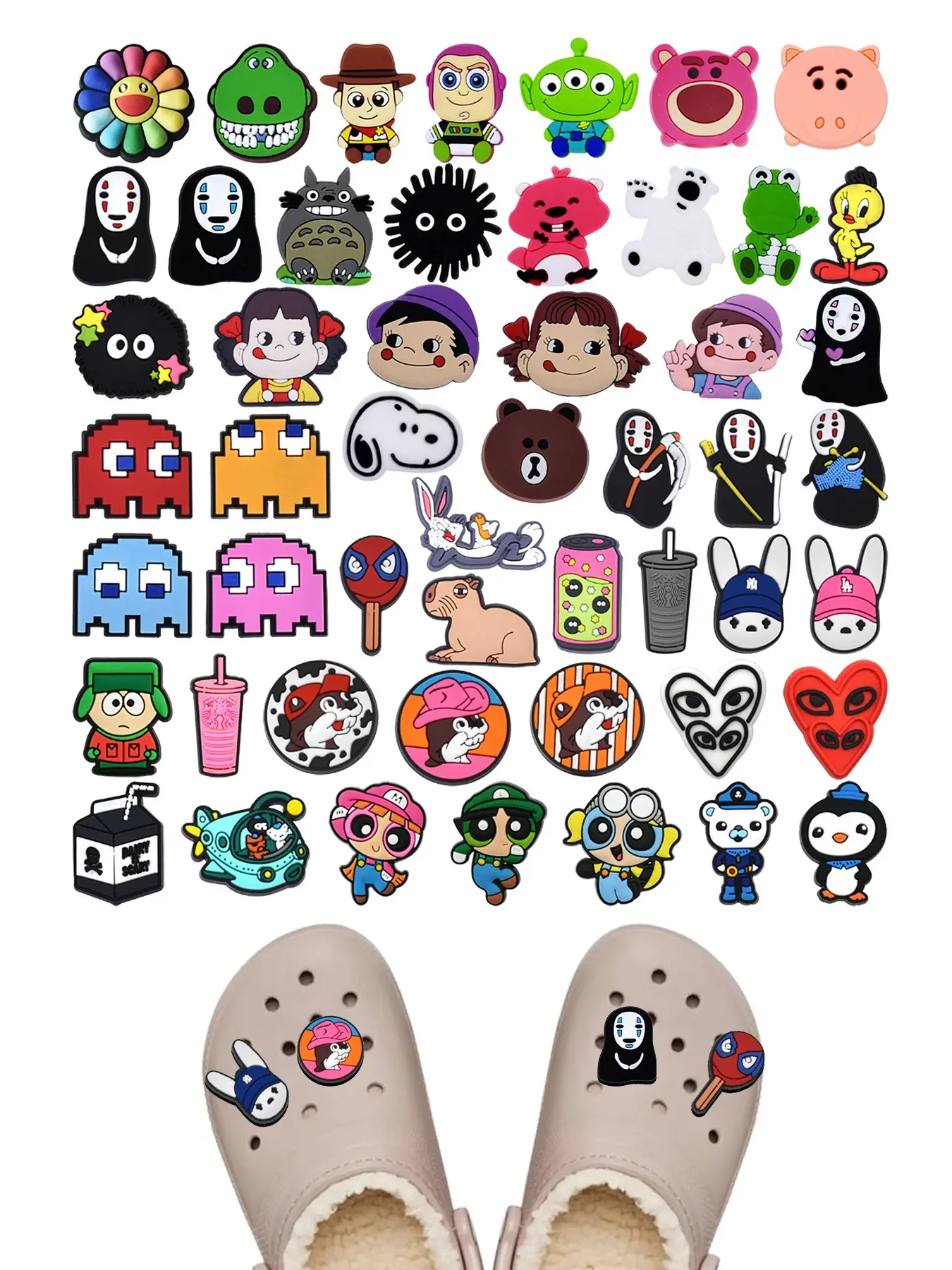 51-Piece Cartoon Shoe Charms Set, Fashion Accessories for Boys and Girls, Includes Bask, Inuyasha, Sesame Street, Snoopy Designs