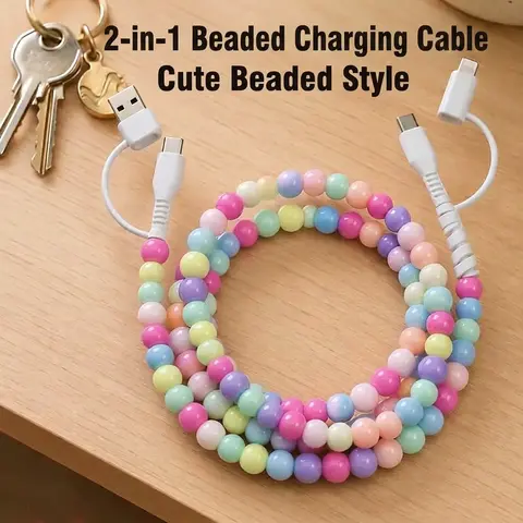 Creative Fashion 4 in 1 Beaded USB C to iPhone 15 Mobile Charging Cable Handmade Colorful Pearl Data Cable Lightning Cables for Stylish Charging