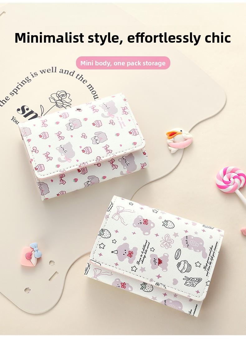 Strawberry Bear Print Wallet for Women Cute 3-Fold Short PU Leather Purse with Card Slots ID Window Portable Coin Purse for Everyday Carry