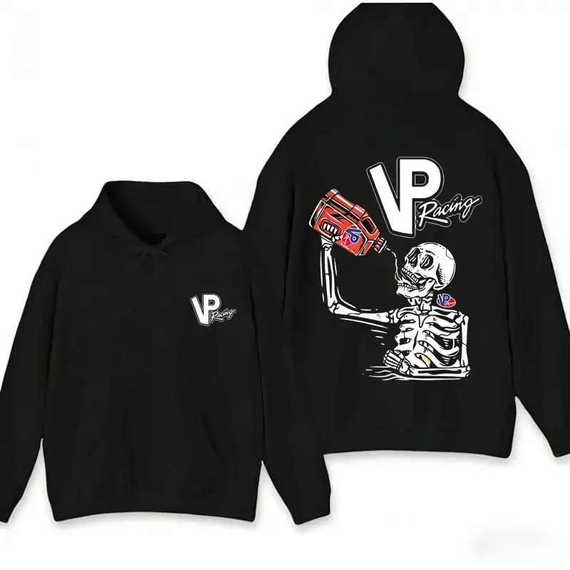 VP Racing Men's Black Hoodie - Skeleton Print, Bold Fuel Jug Logo Artwork, Retro Motorsports Streetwear, Relaxed Fit, Long Sleeve, Adjustable Hood, Cotton-Poly, Dark Aesthetic, Graphic Tees, Hand Wash Cold for Car Enthusiasts