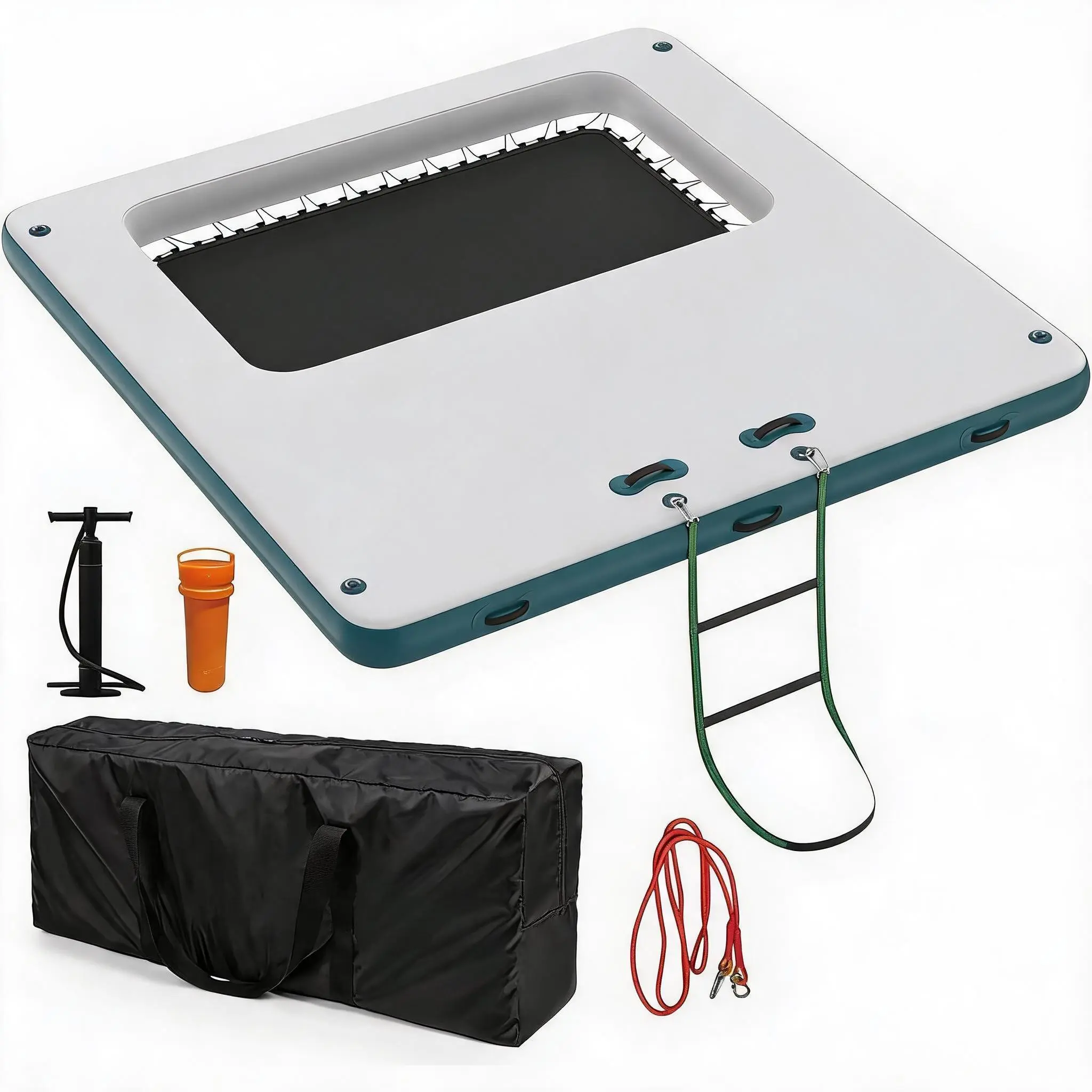 Inflatable Floating Dock Platform with Mesh Swim Area – Non-Slip EVA Deck, Rope Ladder, Connectable Water Mat, Drop Stitch Tech – Supports 4-6 Adults for Lake, Pool, Beach, Boats