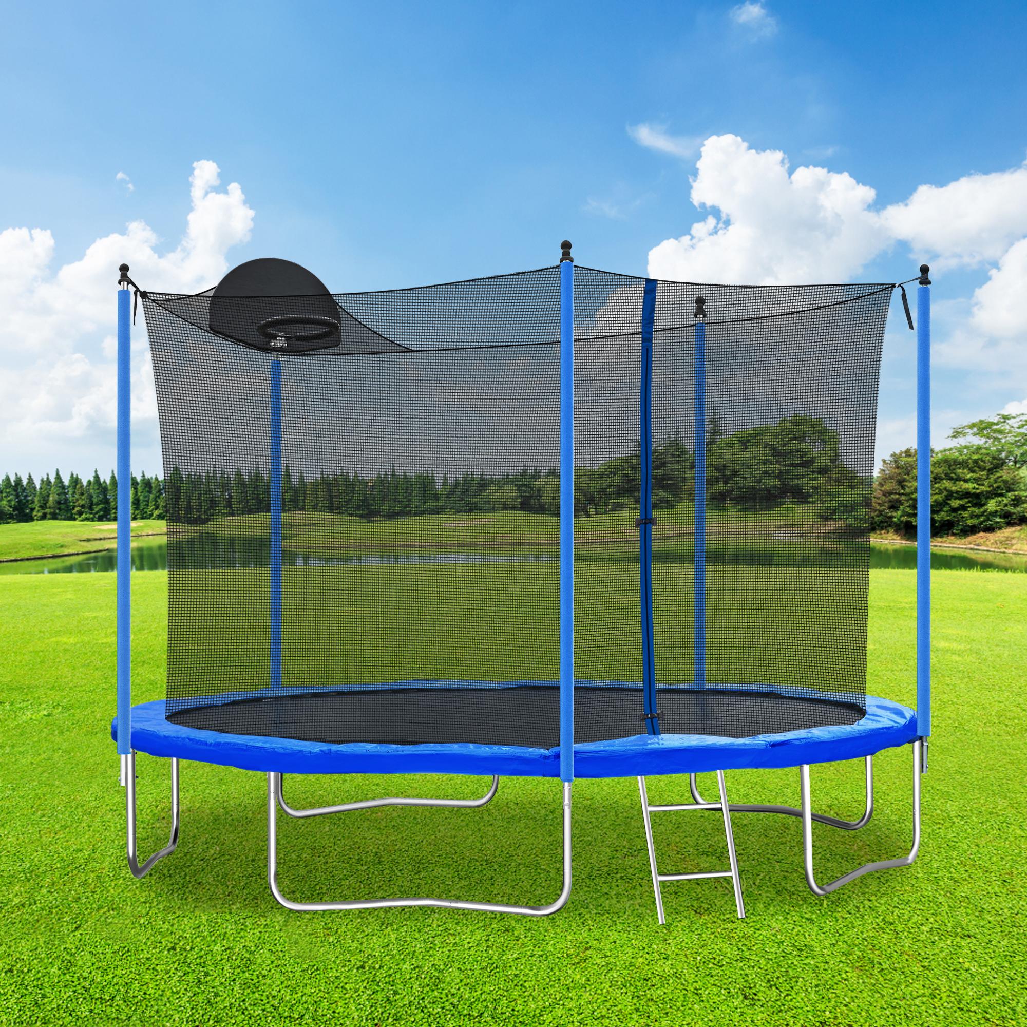 12FT Trampoline with Backboard Full Safety Enclosure Net 5 W-Shaped Legs Galvanized Springs 200LBS Max Load Outdoor Family Recreation Trampoline 141.70x141.70x100.40 Inch