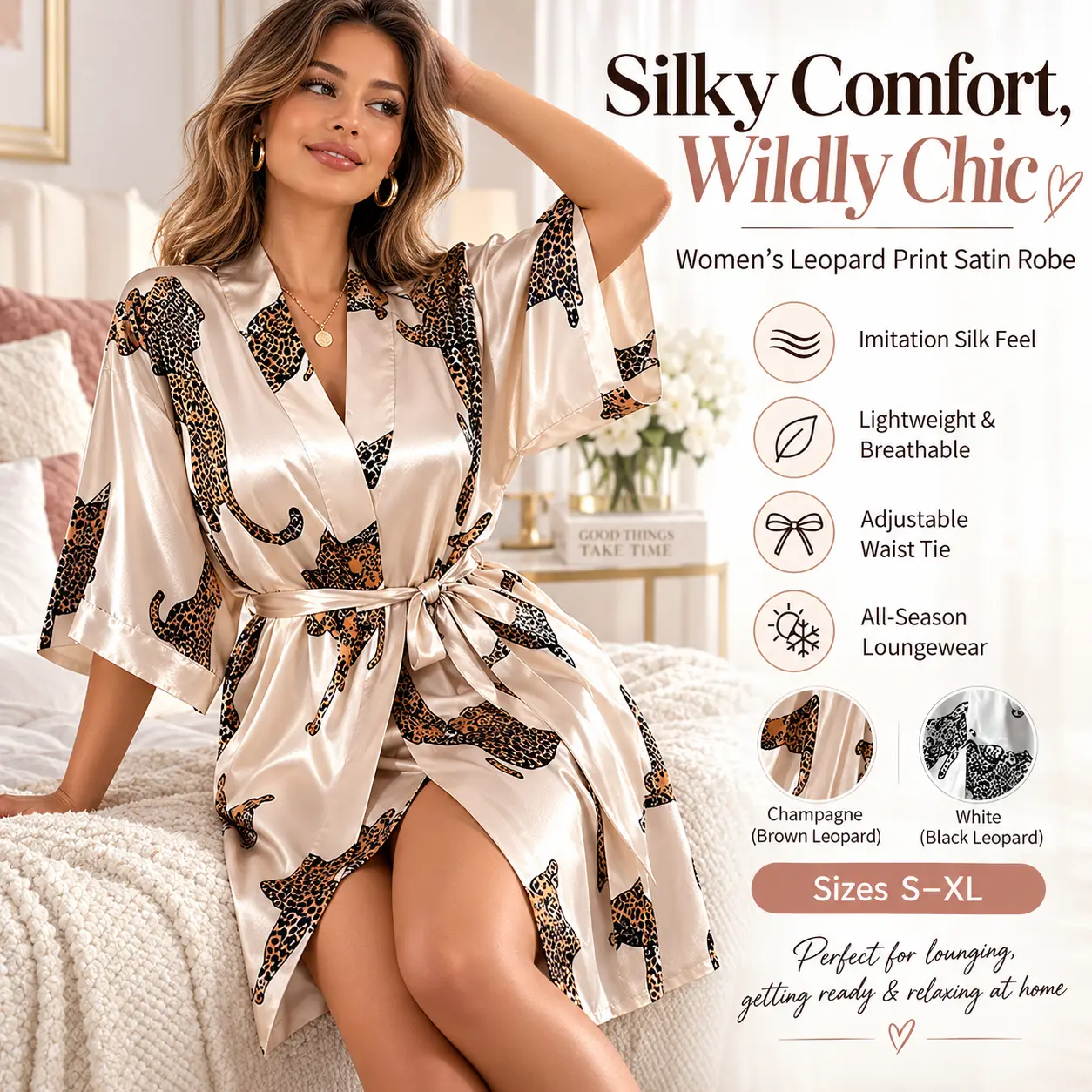 Women’s Leopard Print Satin Kimono Robe, Silky Imitation Silk Bathrobe with Self Tie Belt, Lightweight Short Sleepwear, 3/4 Sleeve Loungewear, Bridal Party Spa Dressing Gown, All Season Homewear for Wife Girlfriend, Champagne White, S-XL