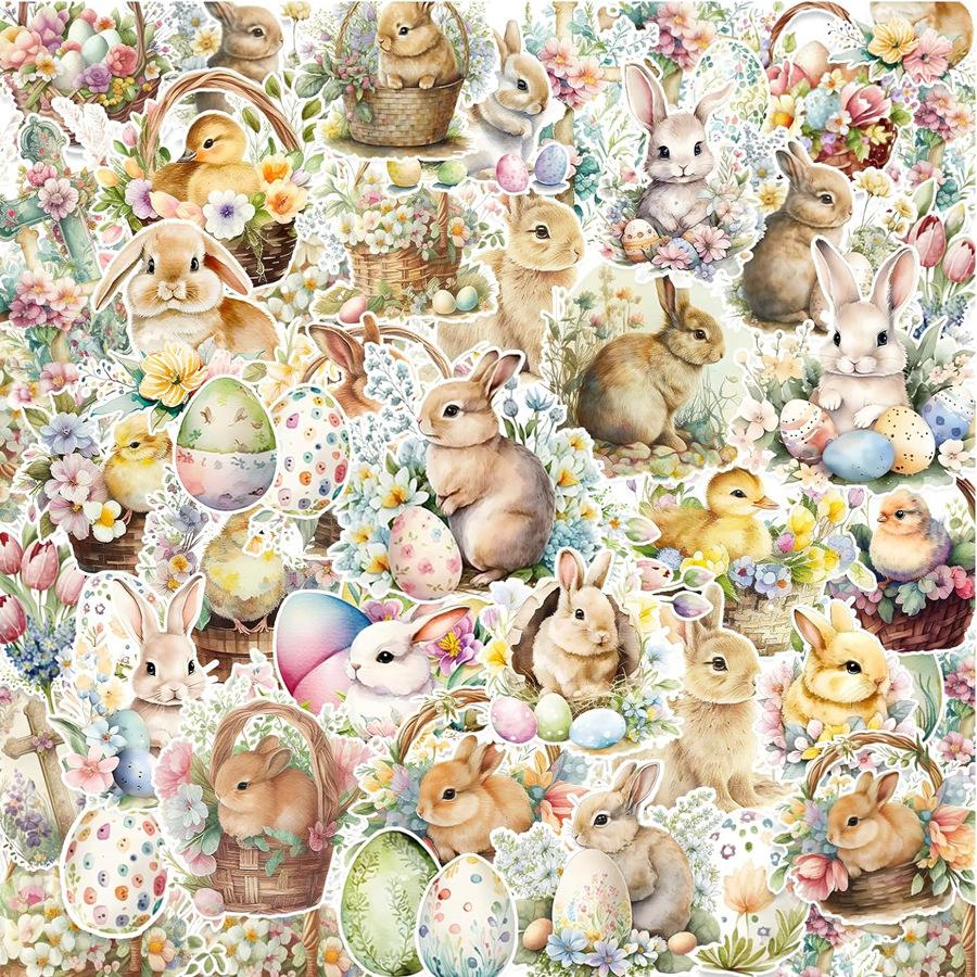 100 PCS Happy Easter Bunny Stickers Pack, Aesthetic Spring DIY Decoration Decals for Scrapbooking Planner Luggage, Easter Egg Hunt Gifts for Boys Girls The cutest Easter basket stuffers are here!