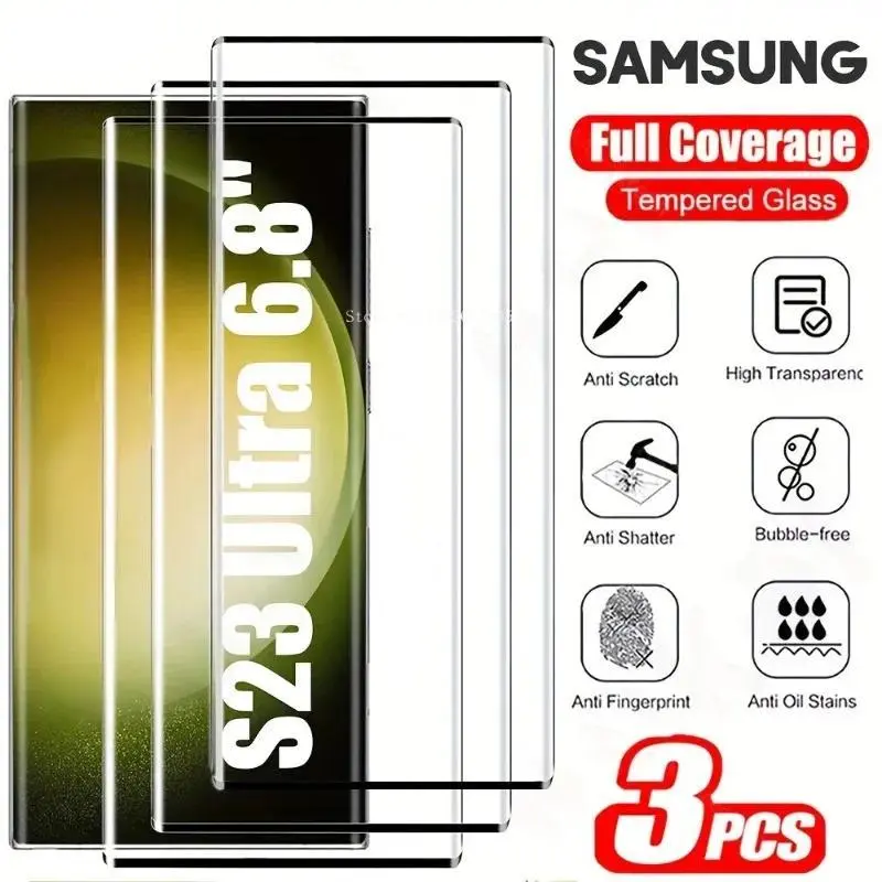 3Pcs Multi-Model 3D Curved Tempered Glass Screen Protectors for Samsung Various Series (S24 Ultra, S23, S23 Plus, S22, S21 Ultra, S9, S8, Note 20, 10) - Full Coverage, Anti-Fingerprint Protection for Smartphone, Cellphone Mobile Phone Accessories