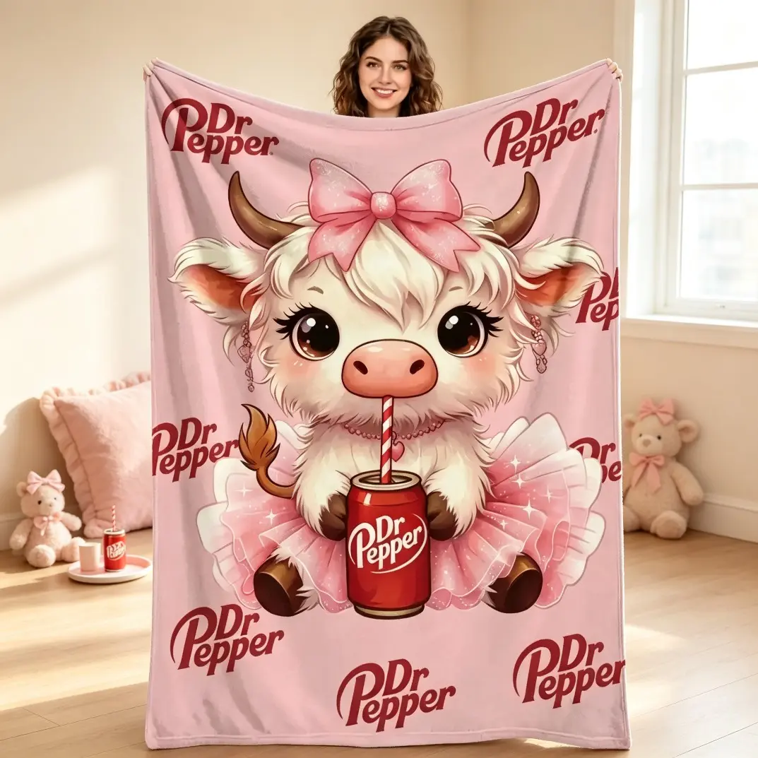 Cute Highland Cow Pink Flannel Blanket, Big Bow Soda Can Print Soft Plush Throw Blanket, Ultra Soft Warm Lightweight Fleece Blanket for Adults & Kids, Cozy Sofa Bed Blanket for Bedroom Living Room Home Decor, All Season Gift