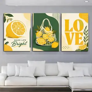 Boho Lemon Triptych Canvas Wall Art, Yellow & Green Kitchen Print, Bright Decor for Living Room Bedroom Dining Room, Available as Unframed Canvas Poster or Framed Canvas Wrap