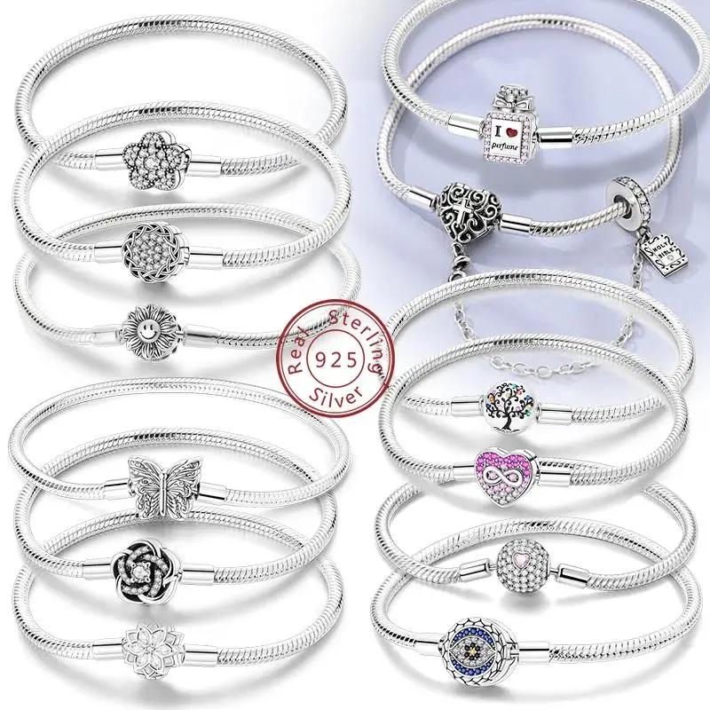 Original 925 Sterling Silver Bracelets 17-20CM Love Heart Flowers Butterfly Charms Beads Bracelet For Women Fashion Jewelry Gift