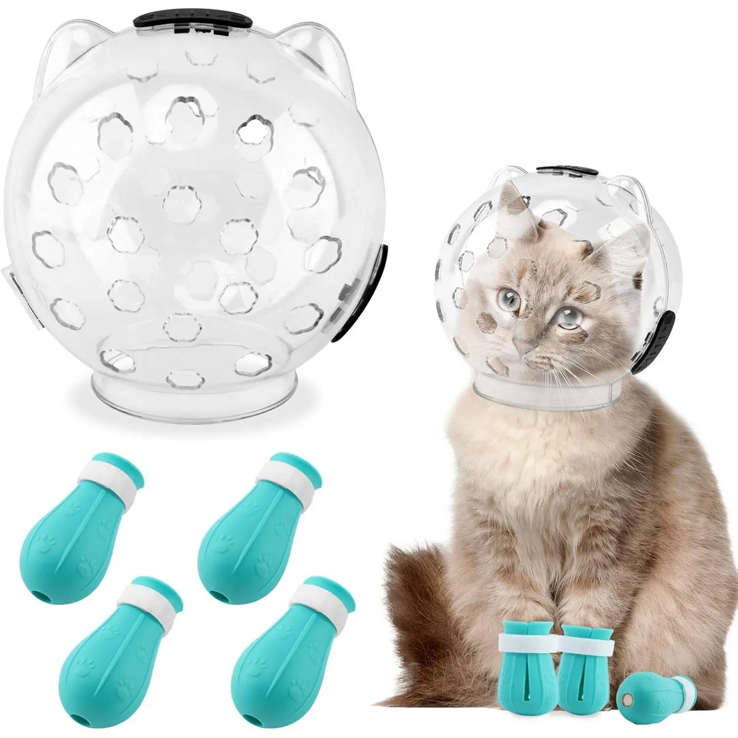 Adjustable Transparent Cat Muzzle Helmet with Breathable Holes & Round Ball, 4 Silicone Claw Covers for Pet Grooming (2 Sizes: 2.5kg-5kg, Over 5kg Cats), Two Sizes